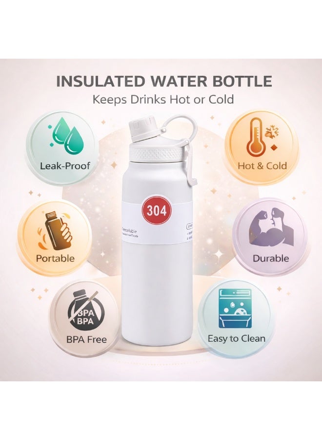 زجاجة ماء معزولة من الستانلس ستيل مع شفاطة ومقبض حمل، عزل مزدوج، خالية من BPA، مانعة للتسرب، سعة 950 مل (ابيض) - Image 4